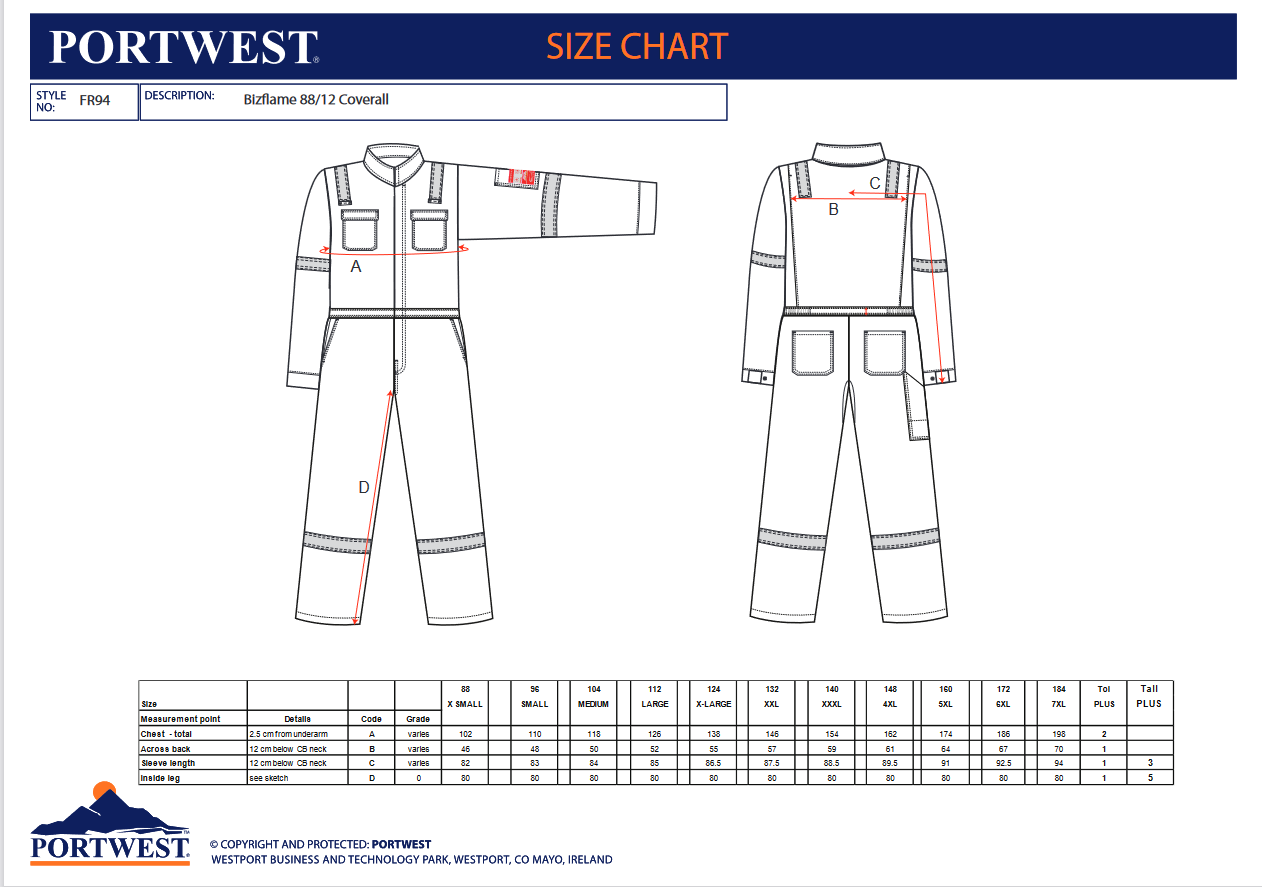FR94 Portwest® Bizflame® 88/12 Iona Flame Resistant Work Coveralls - Size Chart